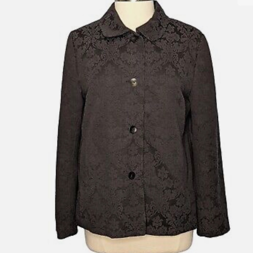 J Jill Women's Black Floral Jacquard Peter Pan Collar Lined L/S Blazer Size 14P
